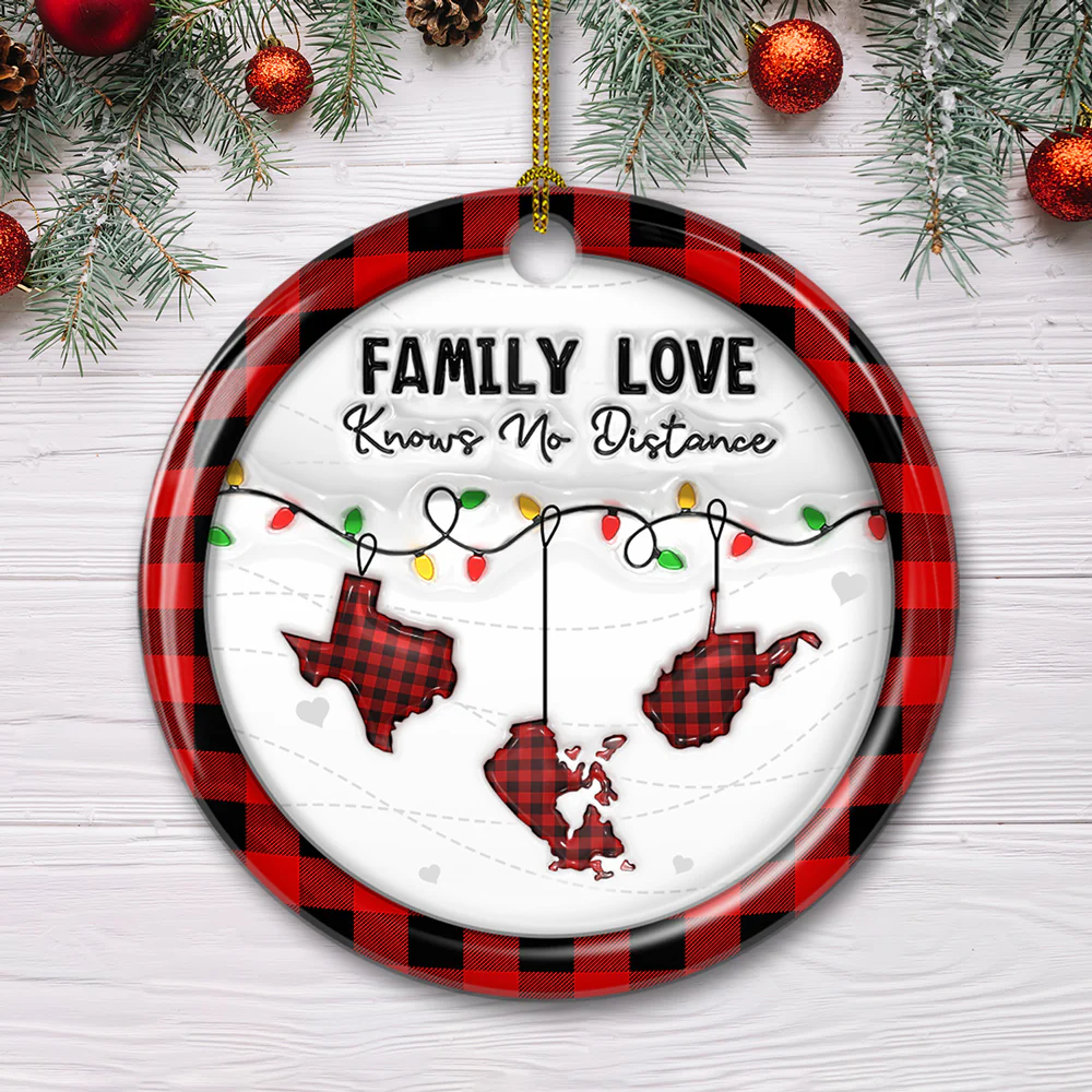 Family Love Know No Distance Red - Personalized Custom 3D Effect Ceramic Ornament - Image 4