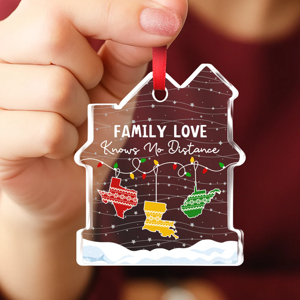 Family Love Knows No Distance - Personalized Custom House Shaped Glass Ornament - Image 4