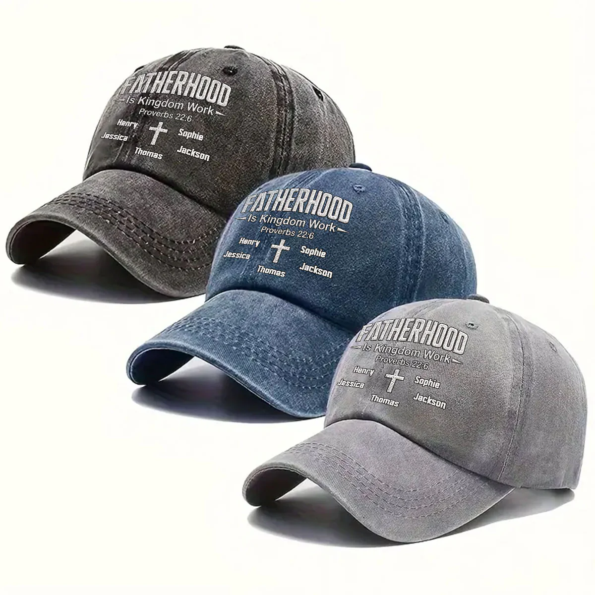 Fatherhood Is Kingdom Work - Personalized Custom Vintage Washed Denim Cap - Image 4
