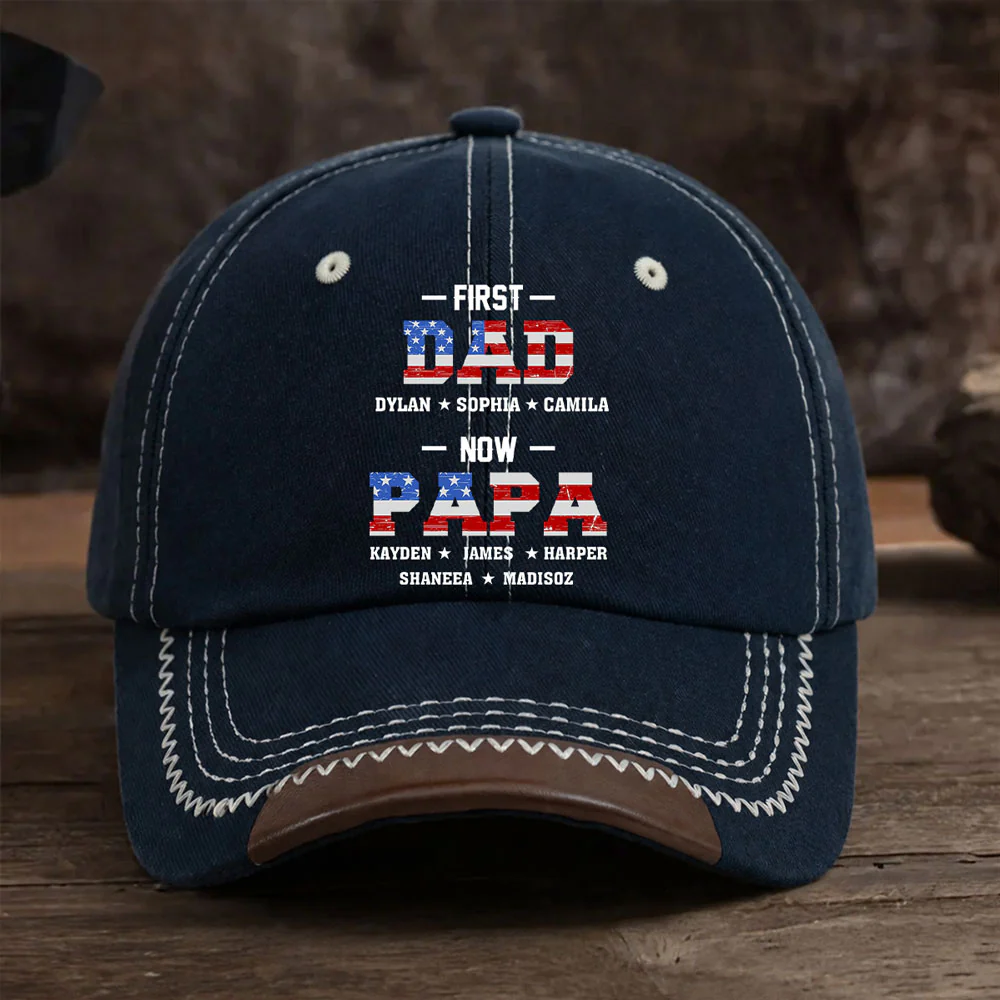 First Dad Now Papa - Personalized Custom Vintage Soft Baseball Cap - Image 2
