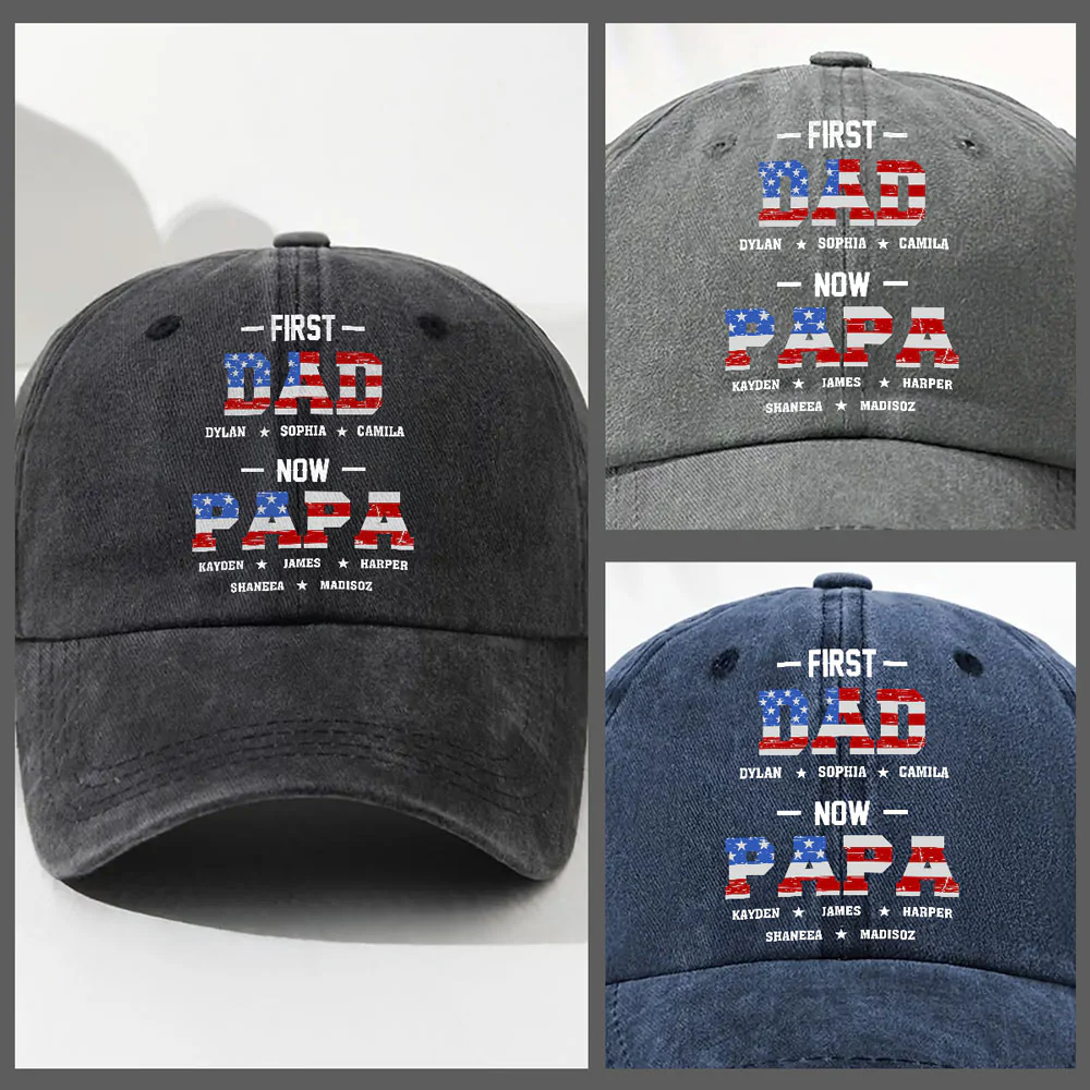 First Dad Now Papa - Personalized Custom Vintage Washed Denim Cap - Image 3