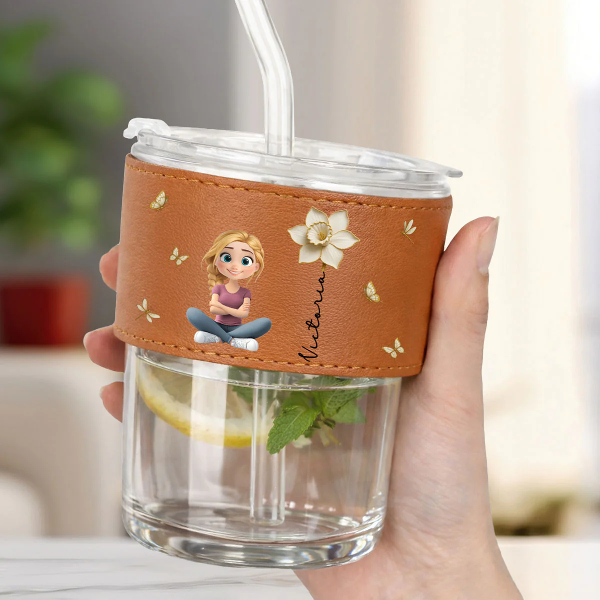 Floral Soul - Personalized Custom Leather Glass Cup