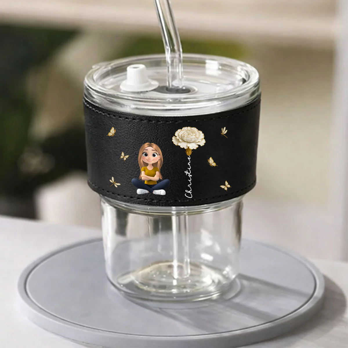 Floral Soul - Personalized Custom Leather Glass Cup - Image 2