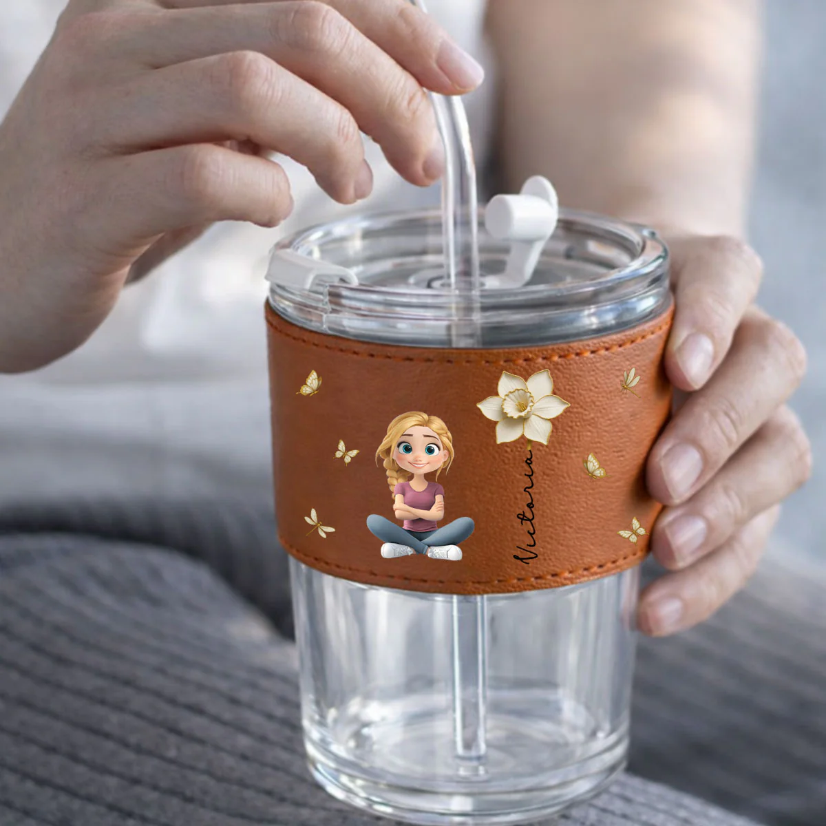 Floral Soul - Personalized Custom Leather Glass Cup - Image 5