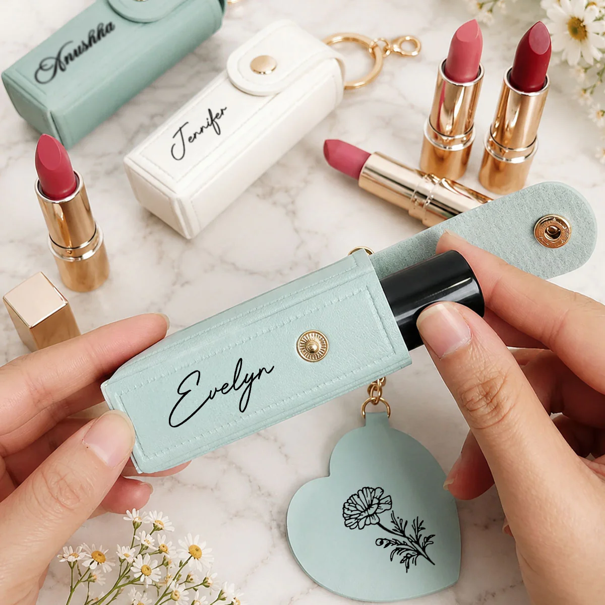 Flowers Named After You- Personalized Custom Leather Lipstick Case Keychain With Mirror