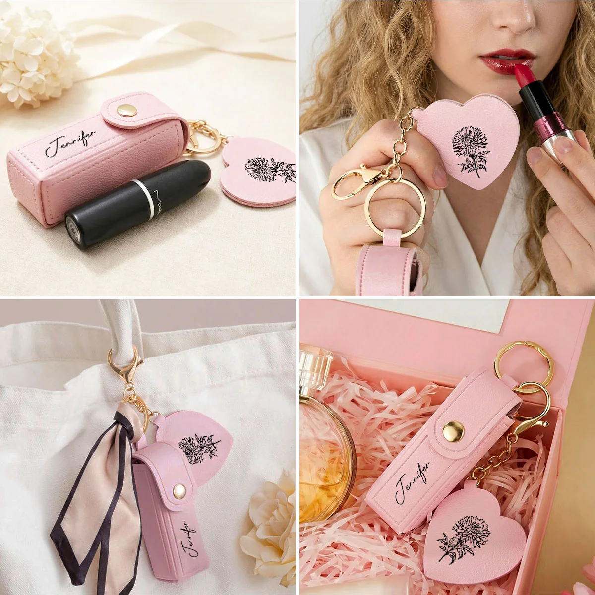 Flowers Named After You- Personalized Custom Leather Lipstick Case Keychain With Mirror - Image 4