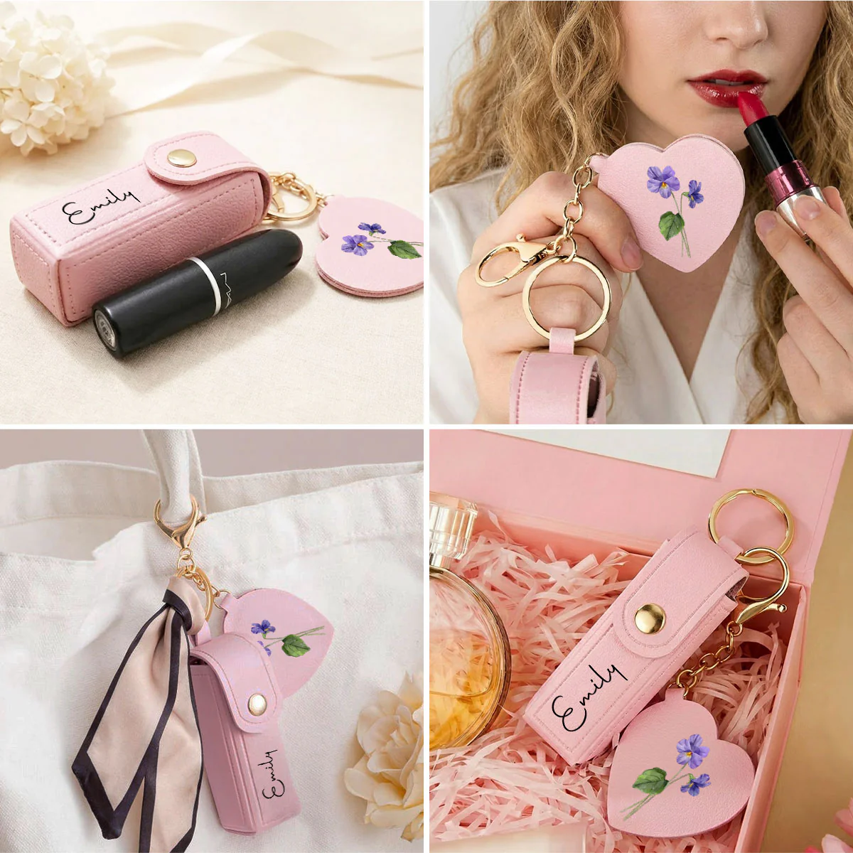 Friends Are Flowers That Never Fade - Personalized Custom Leather Lipstick Case Keychain With Mirror - Image 4