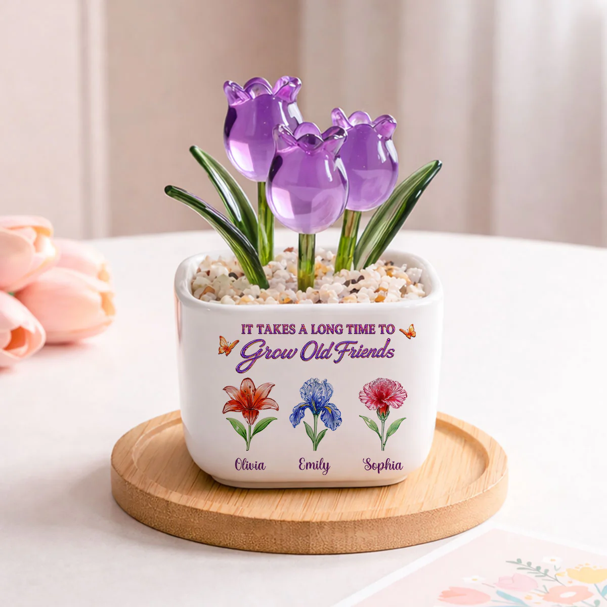 Friendship Grows Here - Personalized Custom Glass Everlasting Tulips