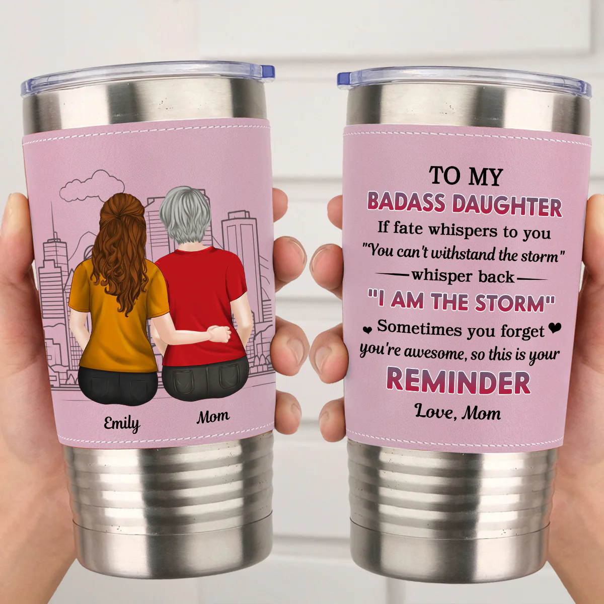 From Mom To Badass Daughter - Personalized Custom Pink Leather Tumbler - Image 3