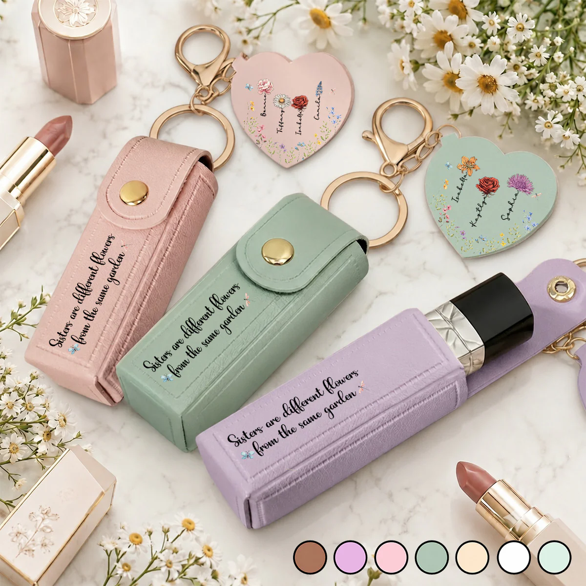 From The Same Garden - Personalized Custom Leather Lipstick Case Keychain With Mirror