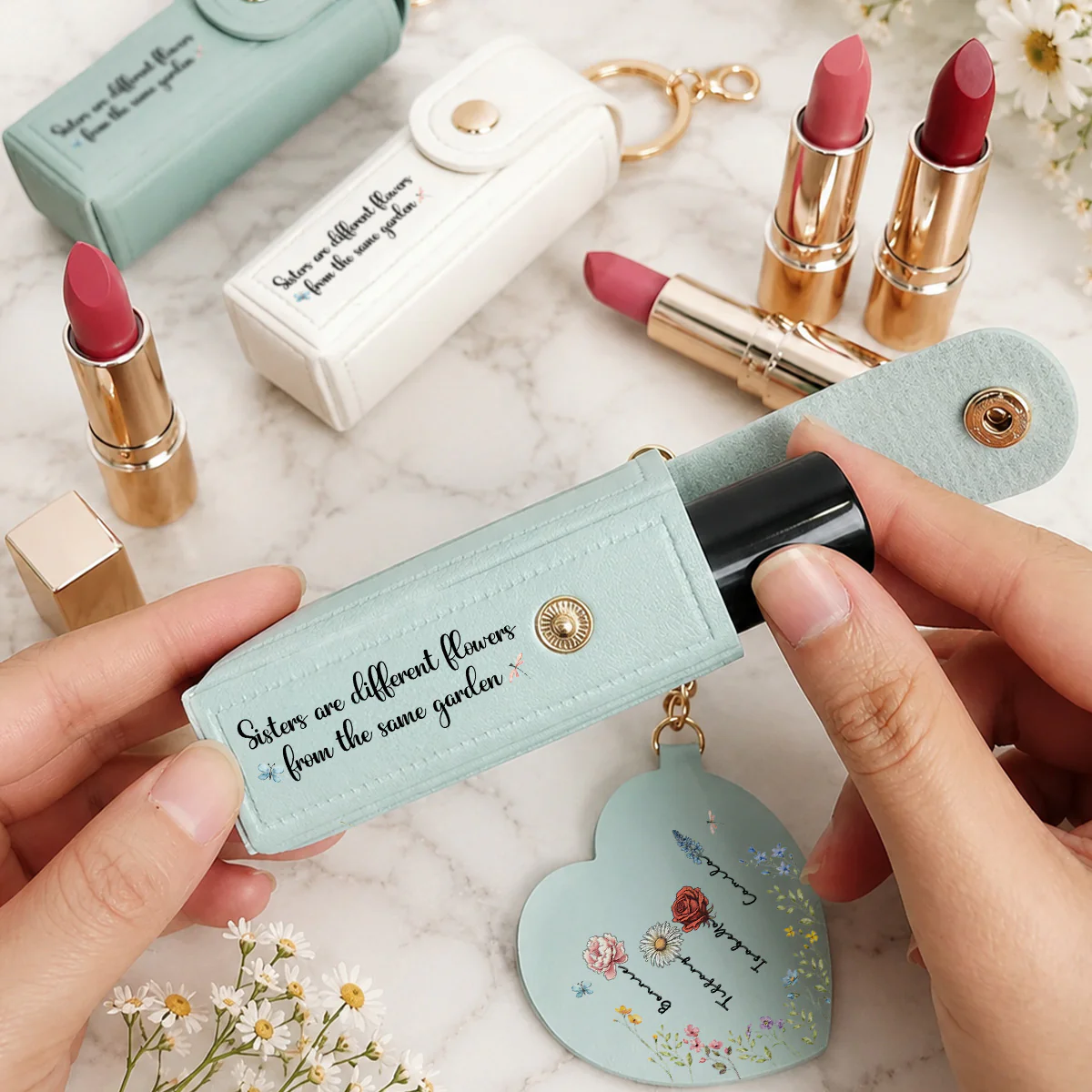 From The Same Garden - Personalized Custom Leather Lipstick Case Keychain With Mirror - Image 2