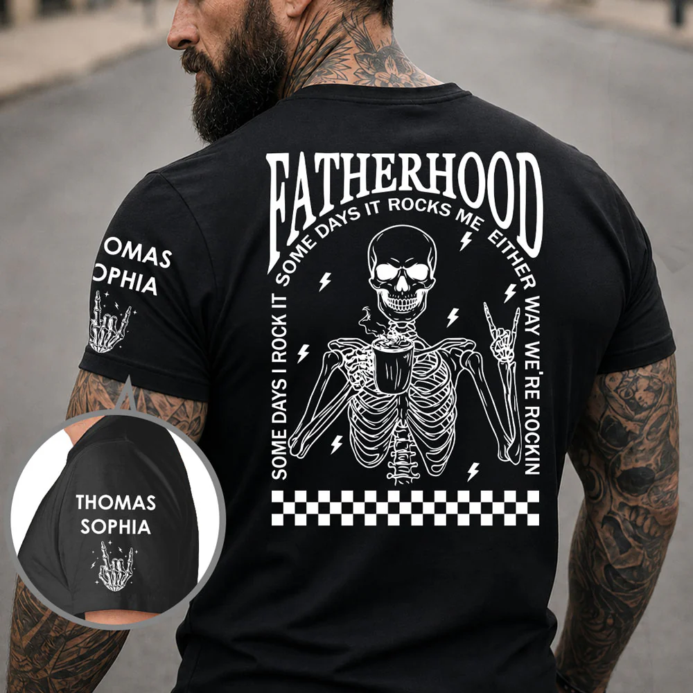 Funny Skeleton Dad Shirt - Personalized Custom Shirt With Design On Sleeve - Image 2