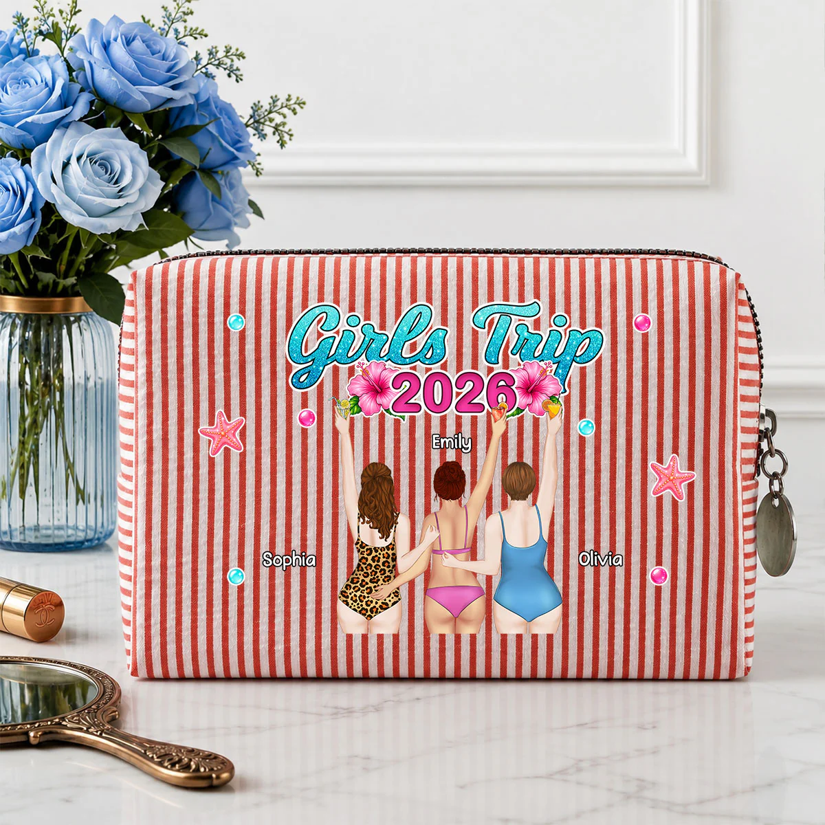 Girls Trip - Personalized Custom Seersucker Print Makeup Bag