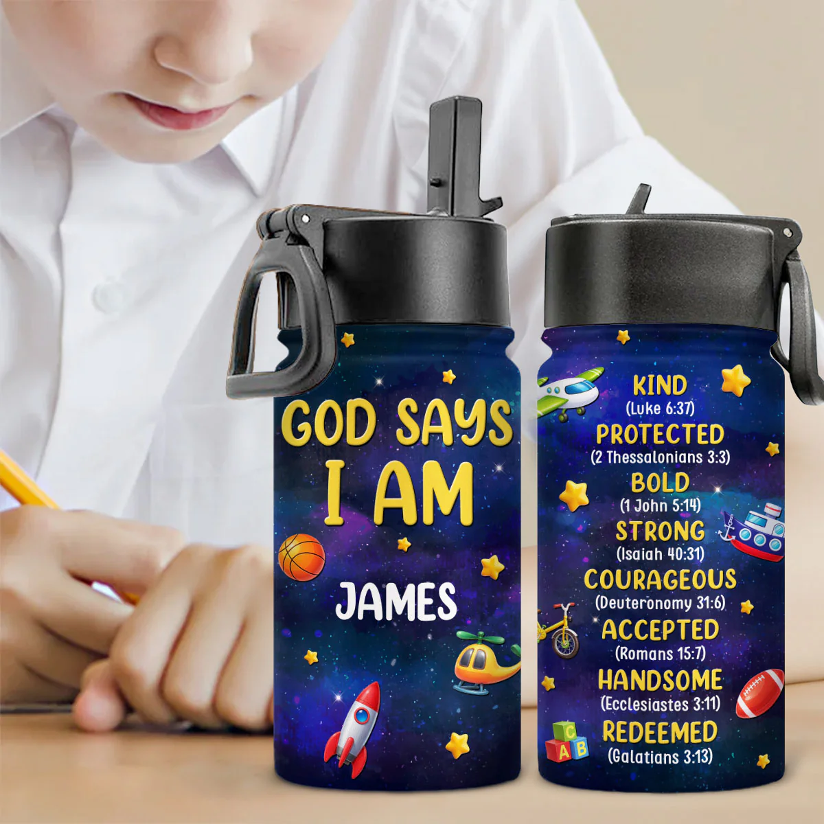 God Says I Am - Personalized Custom 3D Effect Kids Water Bottle - Image 3