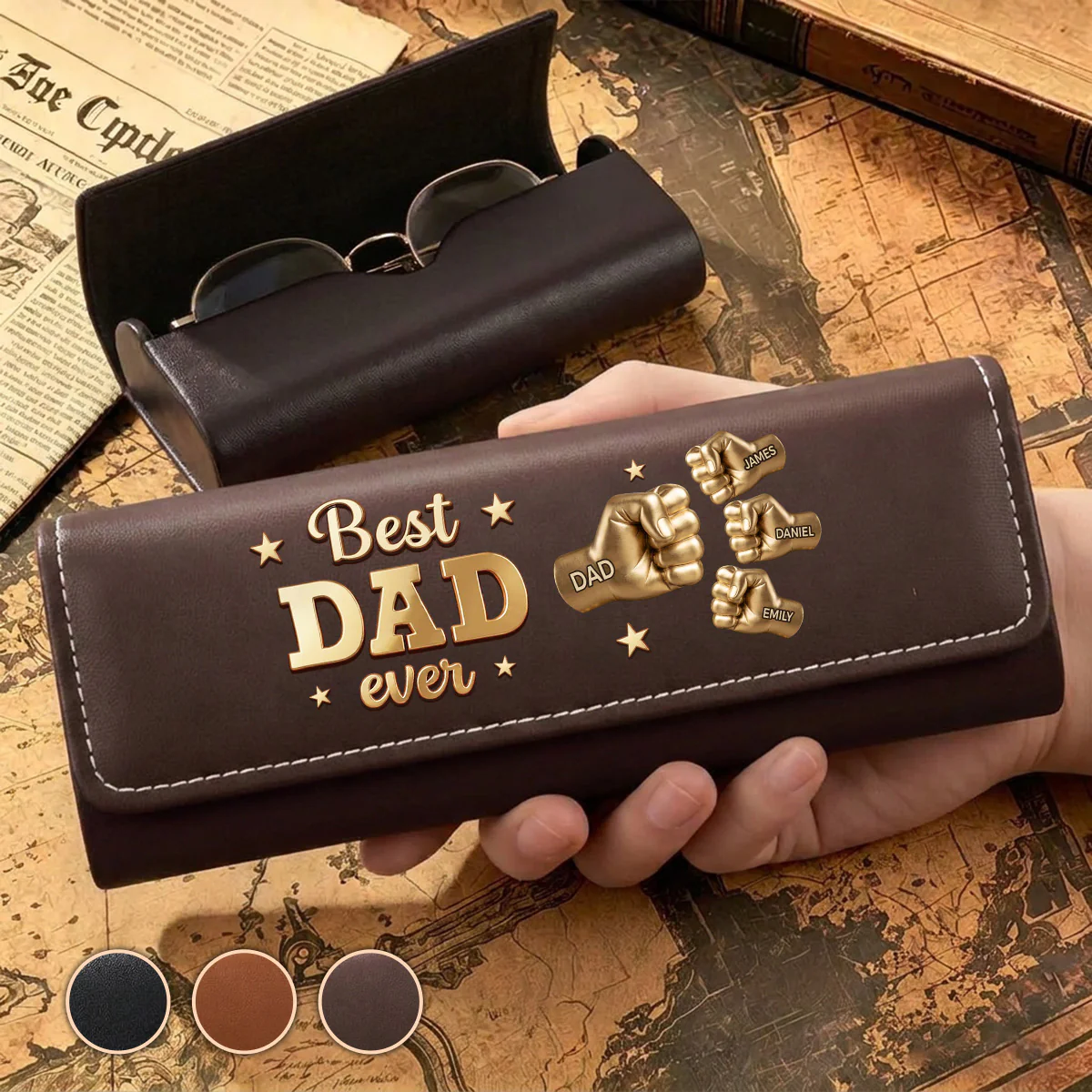 Gold Best Dad - Personalized Custom Leather Eyeglass Case