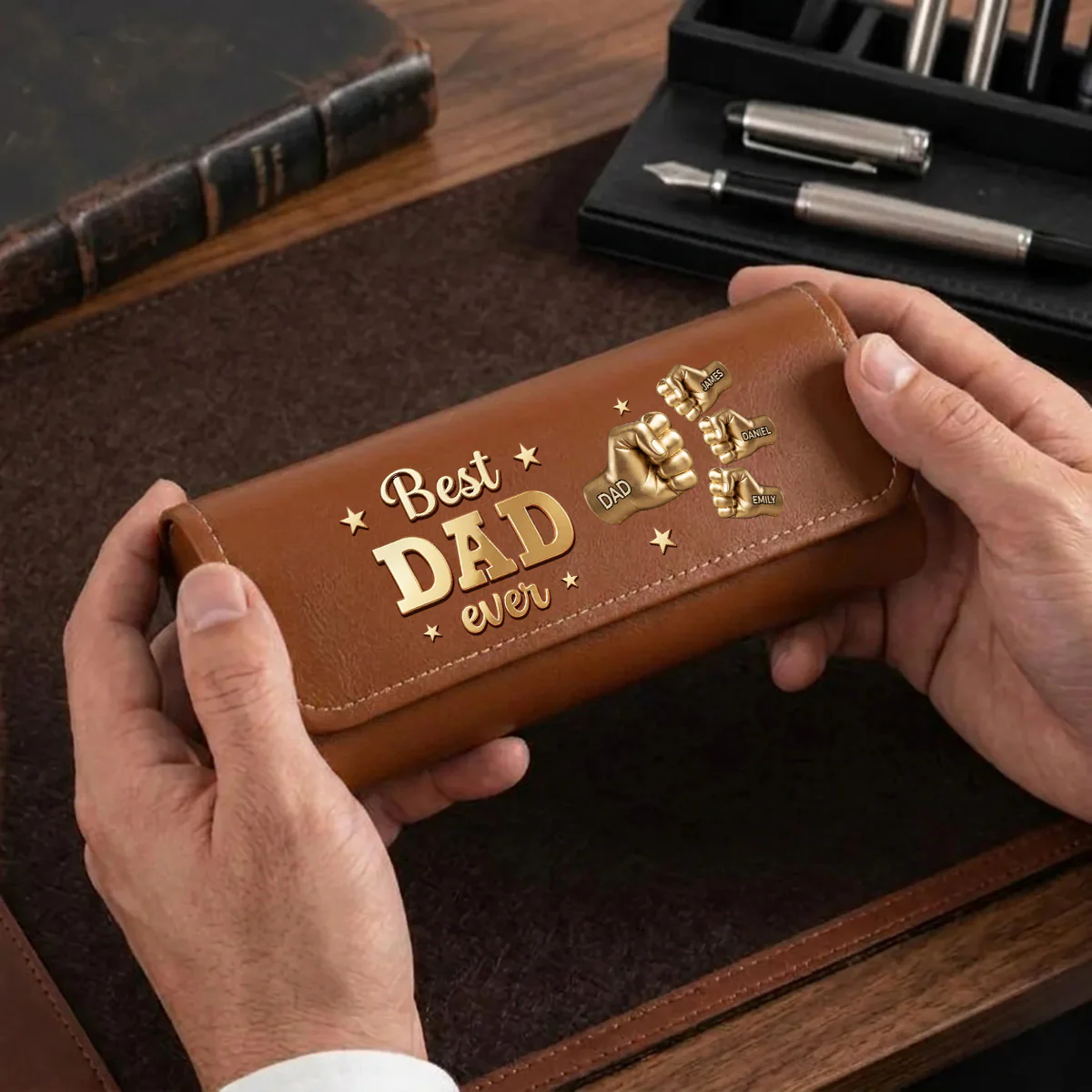 Gold Best Dad - Personalized Custom Leather Eyeglass Case - Image 3