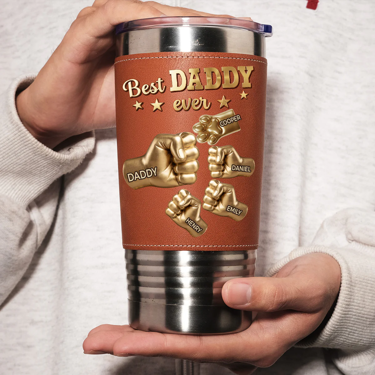 Gold Best Dad Ver Paw 2 - Personalized Custom Leather Tumbler - Image 4