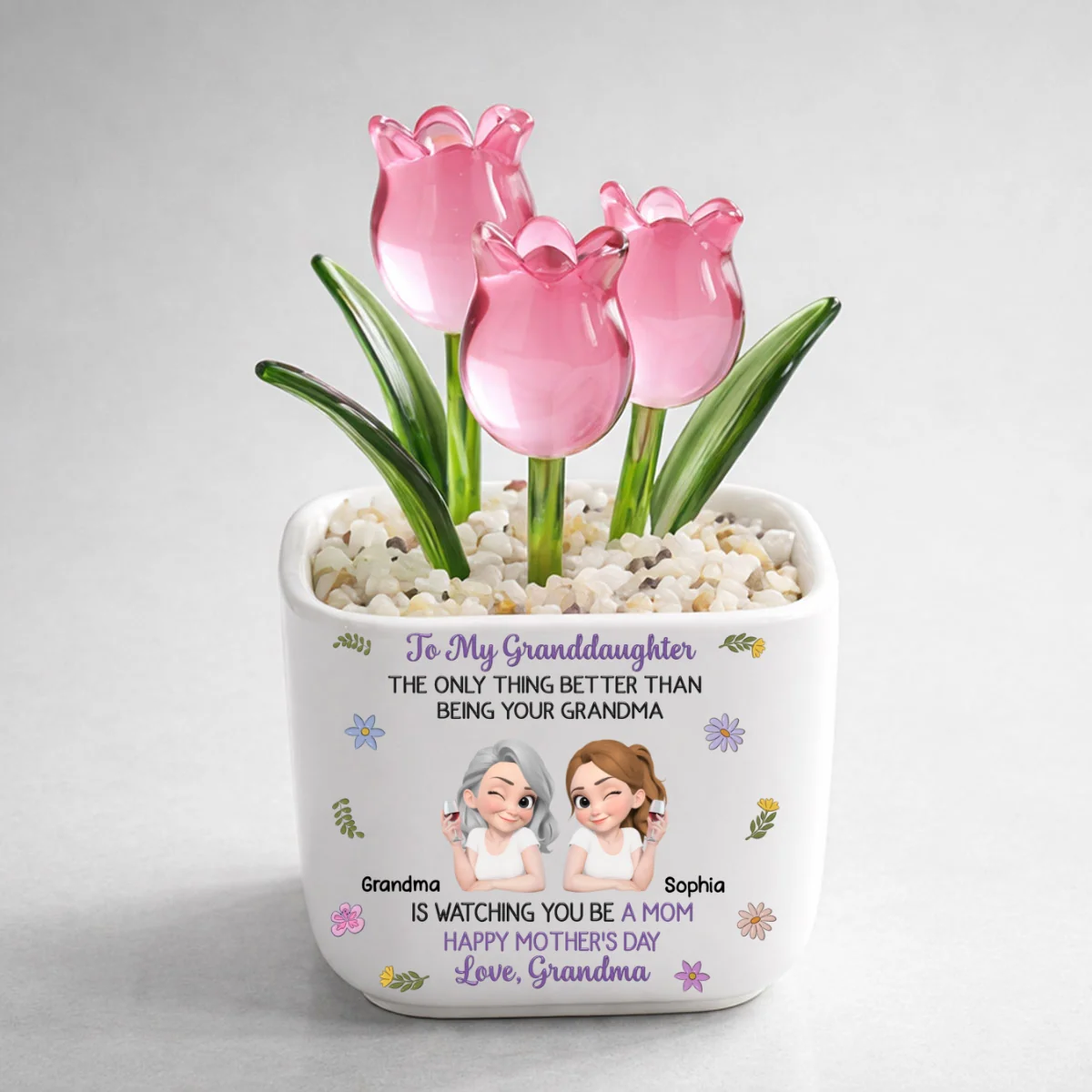 Grandma And Grandkid Linked Together Cartoon - Personalized Custom Glass Everlasting Tulips - Image 10