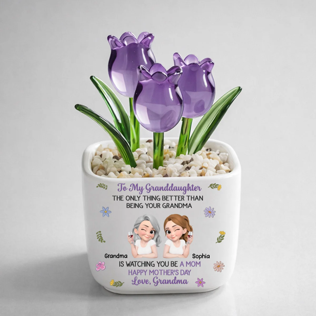 Grandma And Grandkid Linked Together Cartoon - Personalized Custom Glass Everlasting Tulips - Image 11