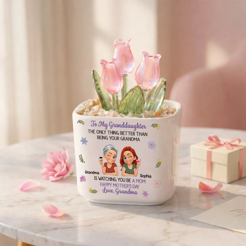 Grandma And Grandkid Linked Together Cartoon - Personalized Custom Glass Everlasting Tulips - Image 3