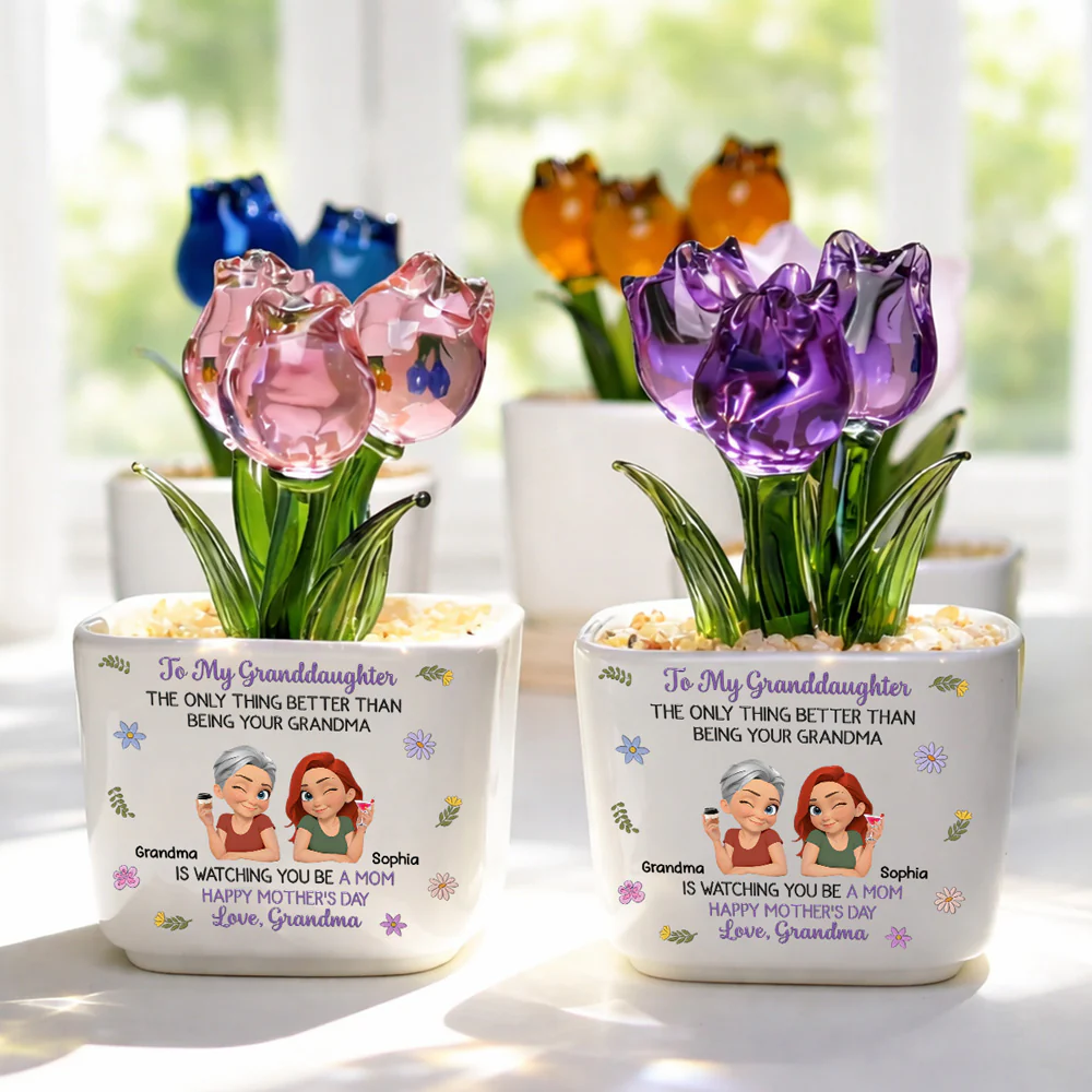 Grandma And Grandkid Linked Together Cartoon - Personalized Custom Glass Everlasting Tulips - Image 5