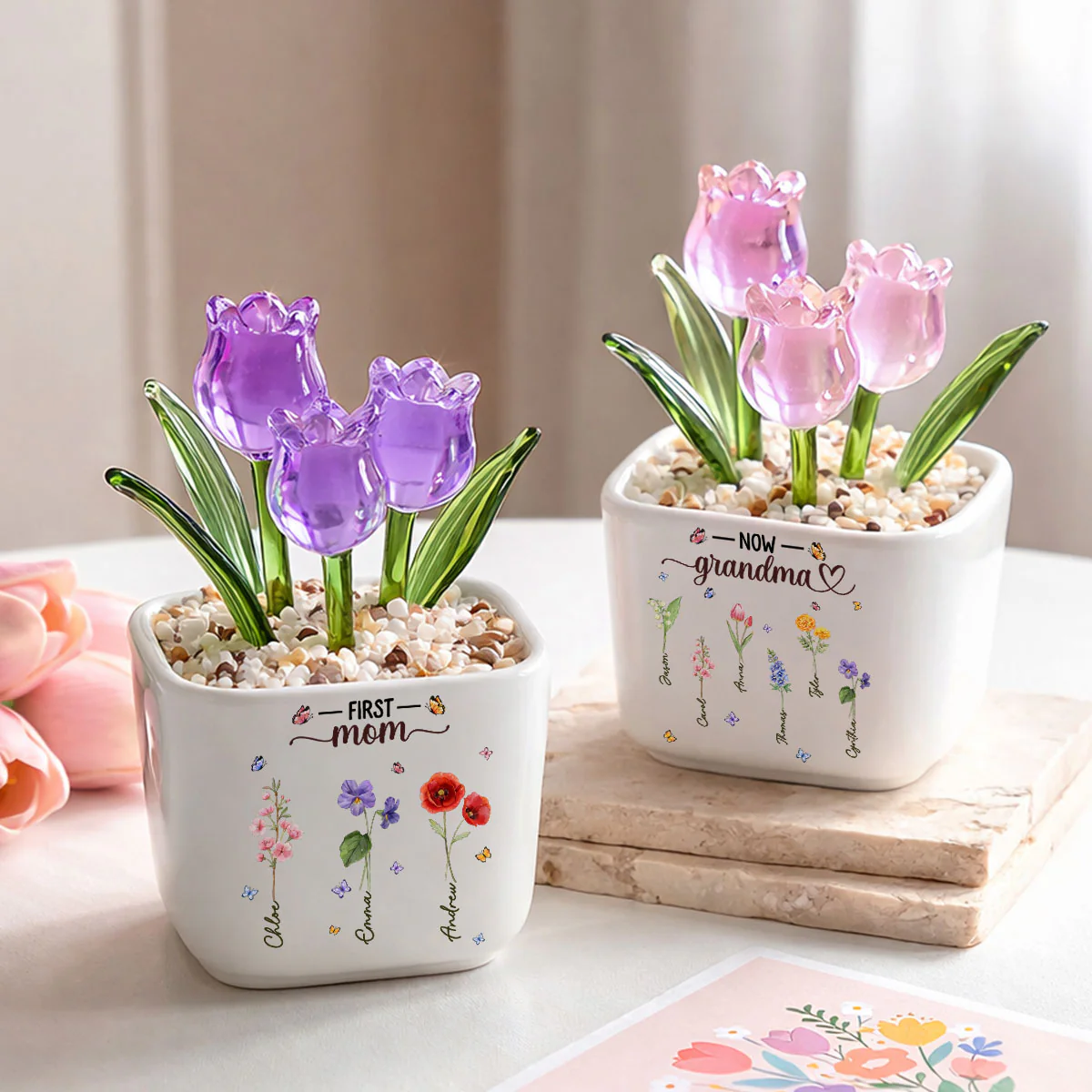 Grandma Birthmonth Flower - Personalized Custom Glass Everlasting Tulips