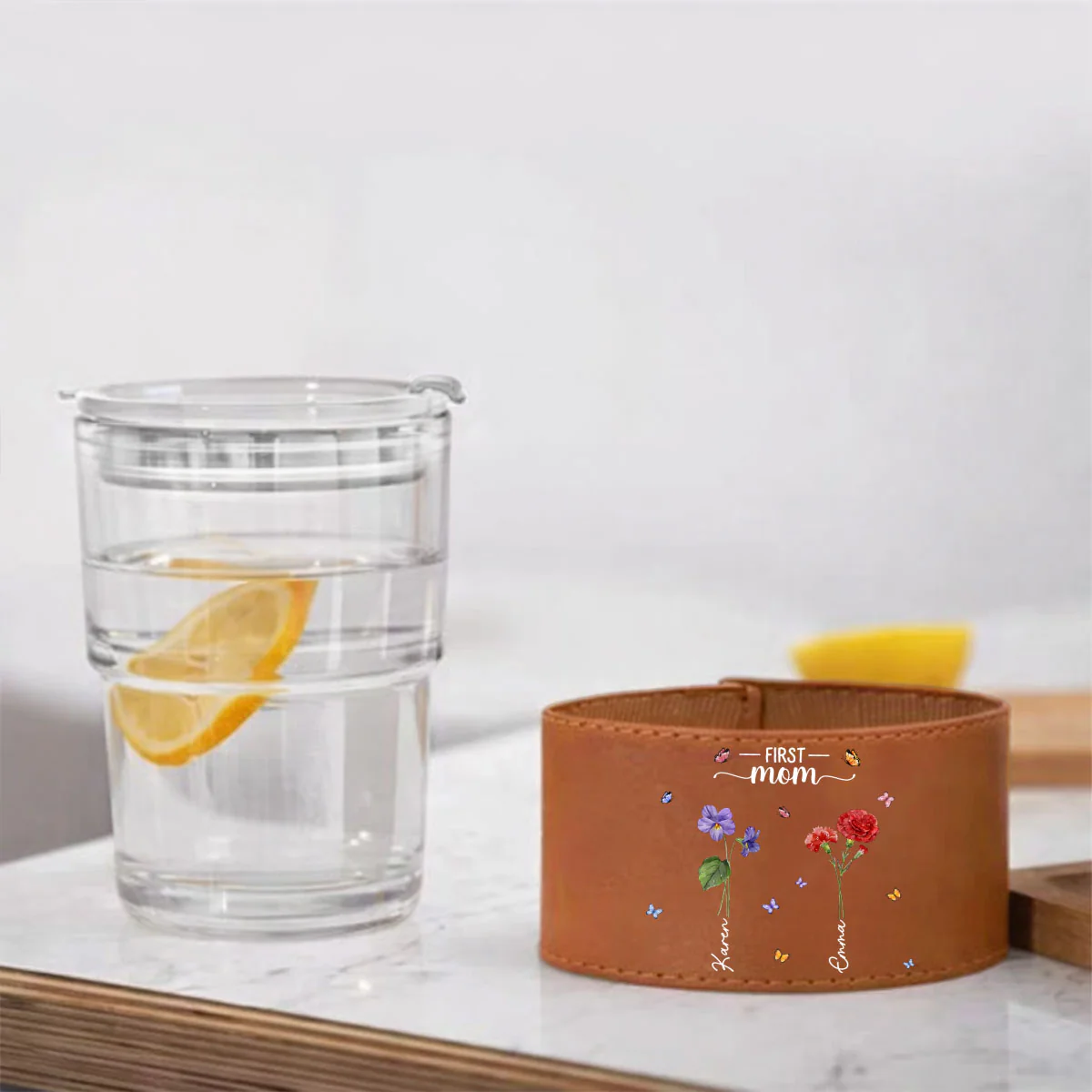 Grandma Birthmonth Flower - Personalized Custom Leather Glass Cup - Image 2