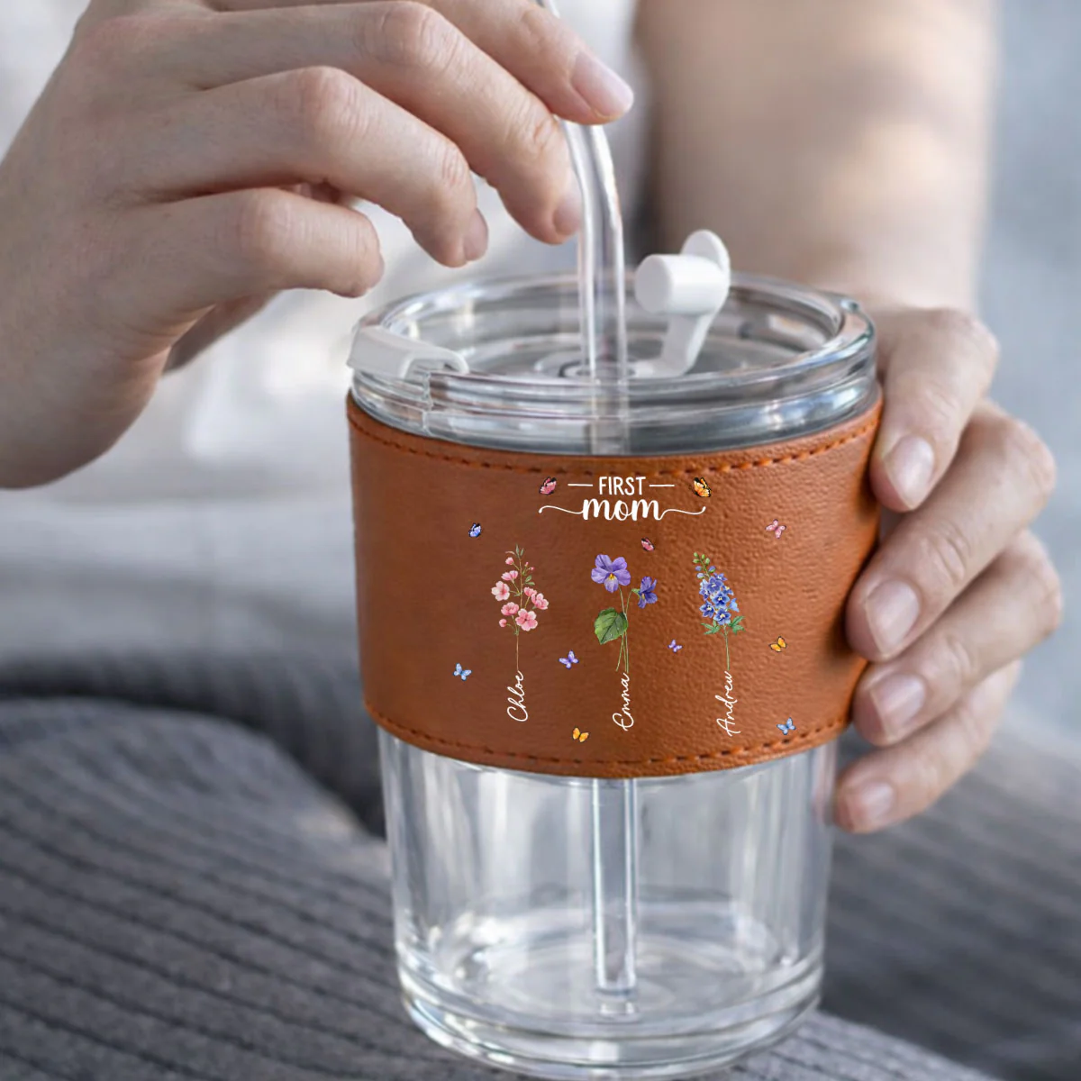 Grandma Birthmonth Flower - Personalized Custom Leather Glass Cup - Image 4