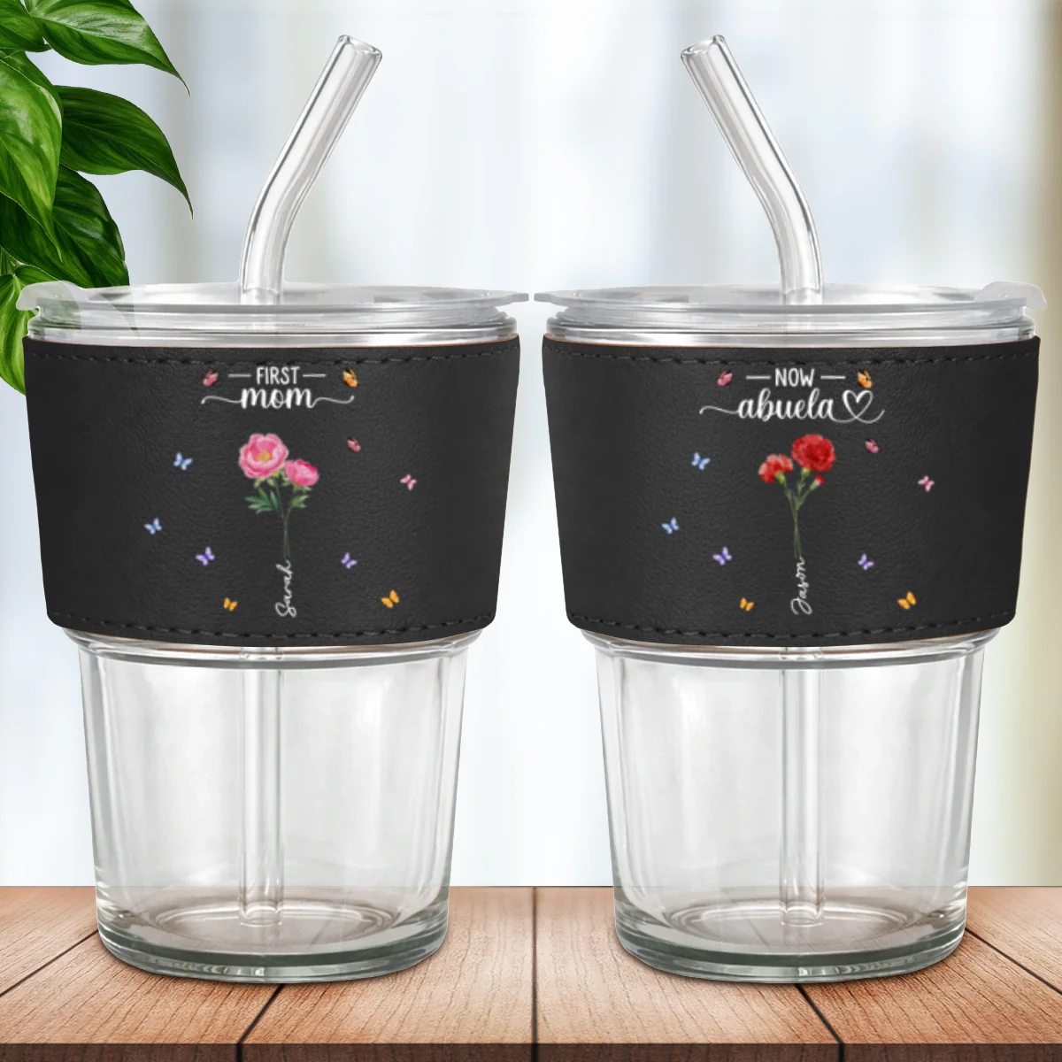 Grandma Birthmonth Flower - Personalized Custom Leather Glass Cup - Image 8