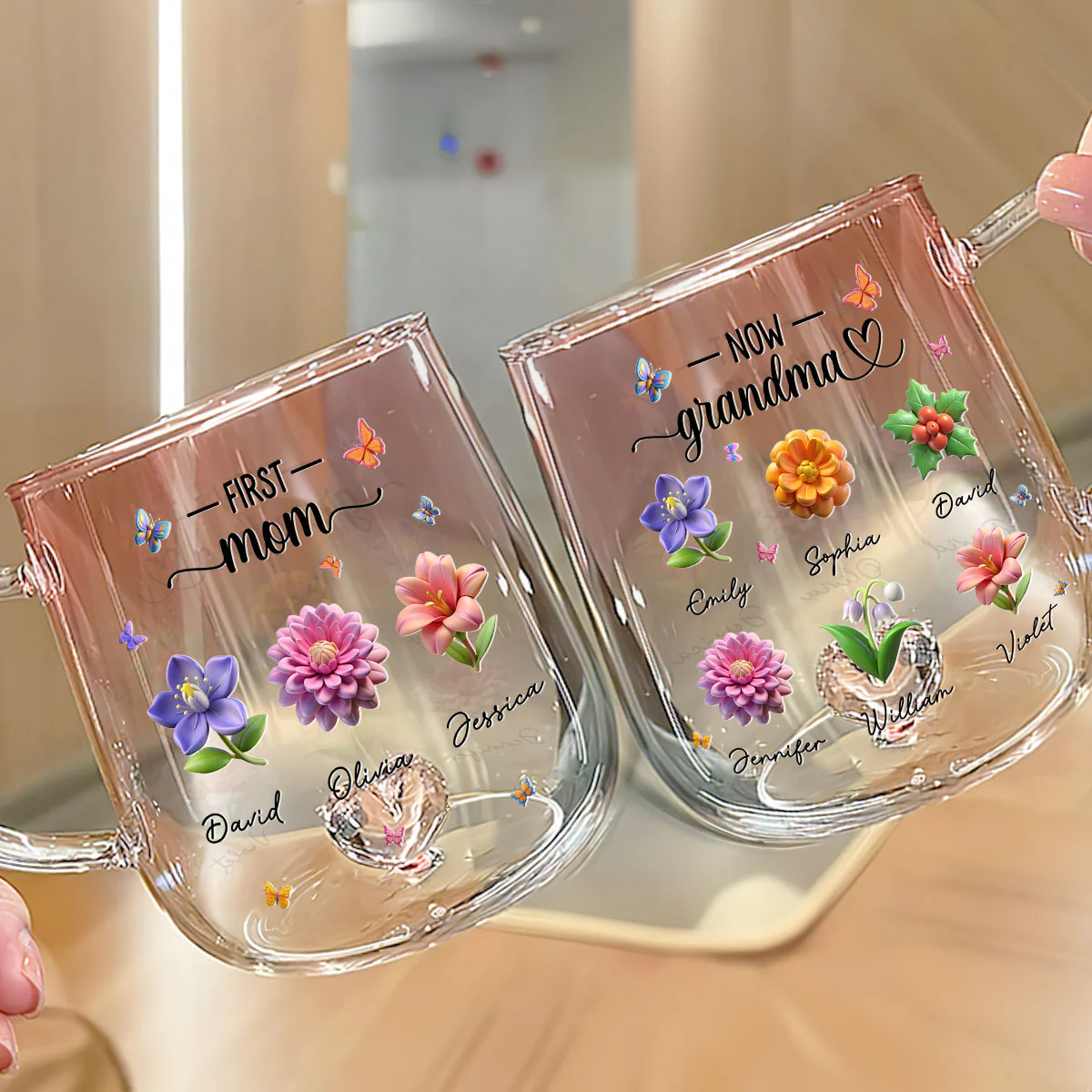 Grandma Birthmonth Flower - Personalized Custom Pink Gradient Glass Mug - Image 3