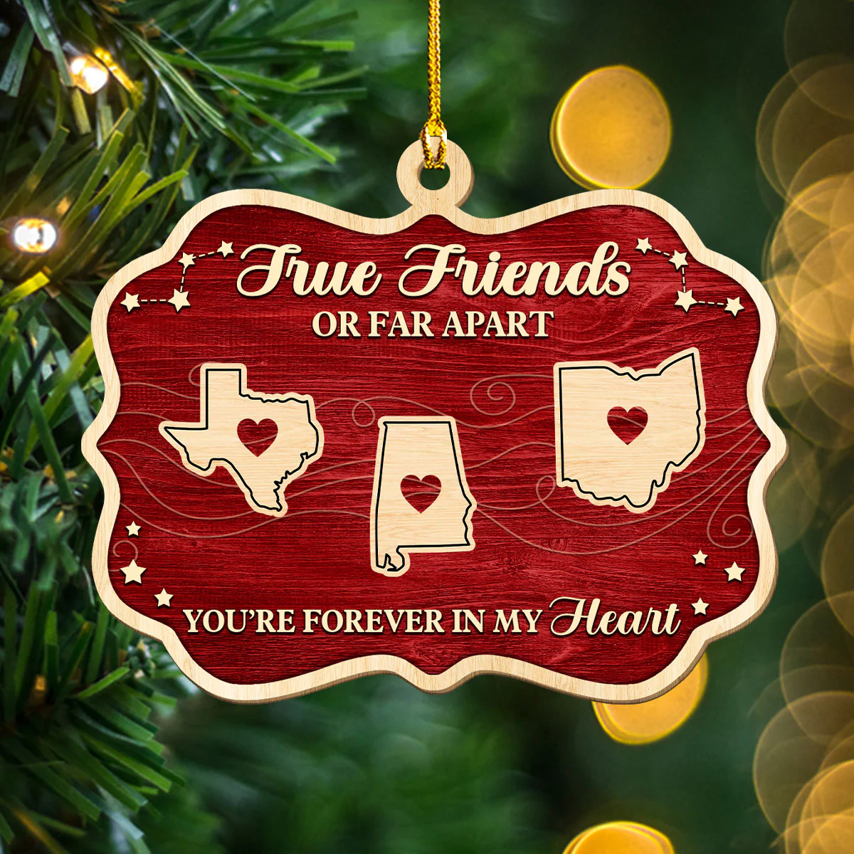 Hearts Stay Connected Through Distance - Personalized Custom 3D Effect Wood Ornament - Image 3