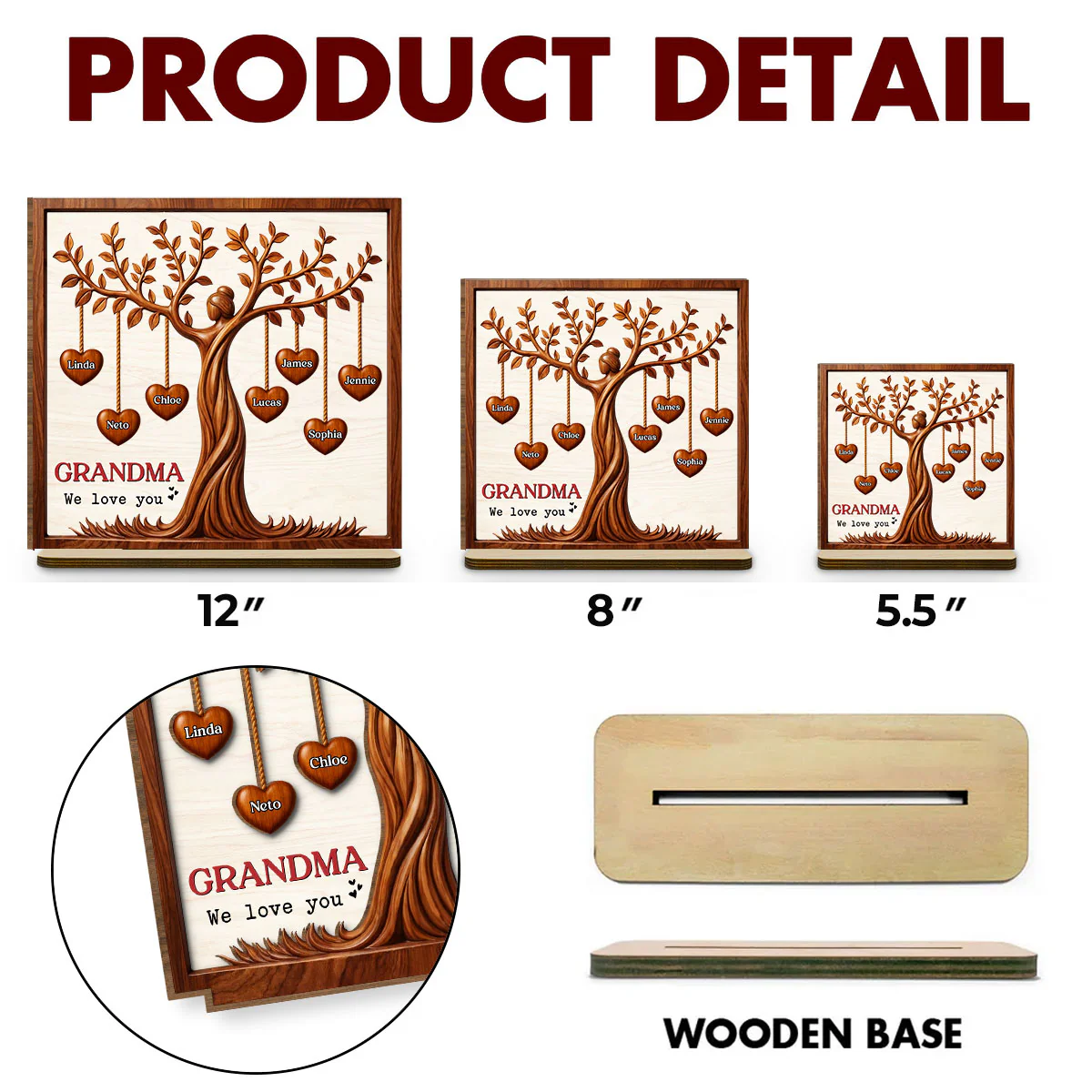 Hearts Tree - Personalized Custom 2-Layer Wood Plaque With Flat Base - Image 6