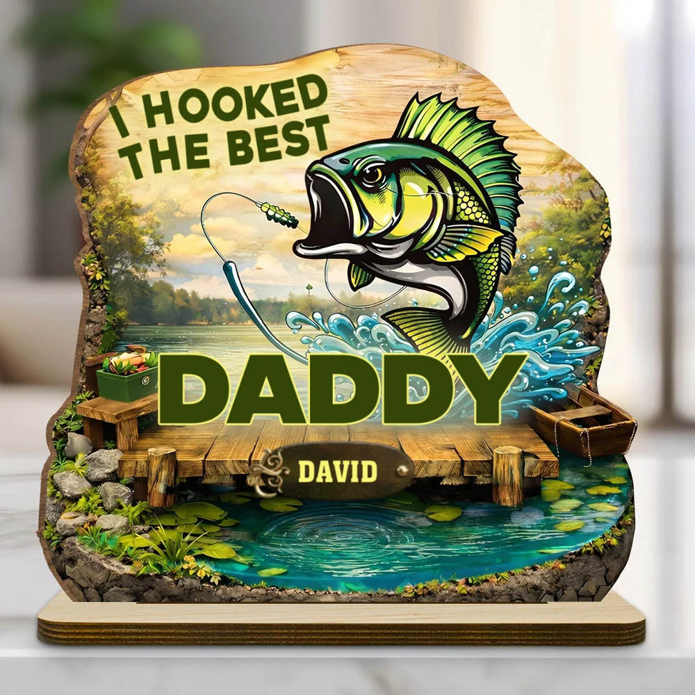 Hooked The Best Dad - Personalized Custom 2-Layer Wood Plaque With Flat Base - Image 6
