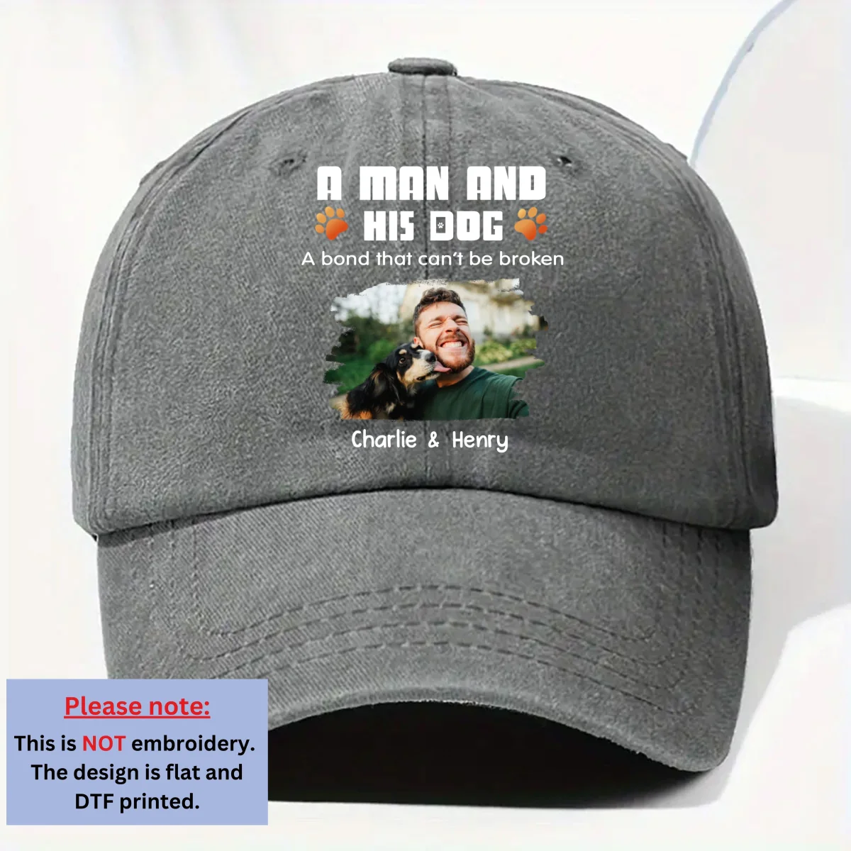 Human And Their Dog Cartoon Photo - Personalized Custom Vintage Washed Denim Cap - Image 5