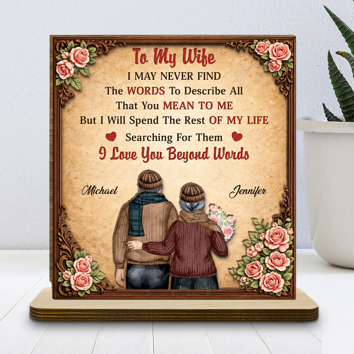 I Love You Beyond Words - Personalized Custom 2-Layer Wood Plaque With Flat Base - Image 2
