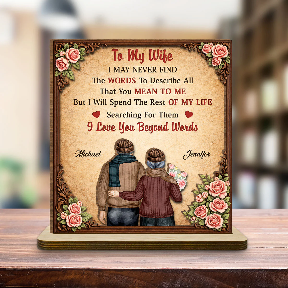 I Love You Beyond Words - Personalized Custom 2-Layer Wood Plaque With Flat Base - Image 4