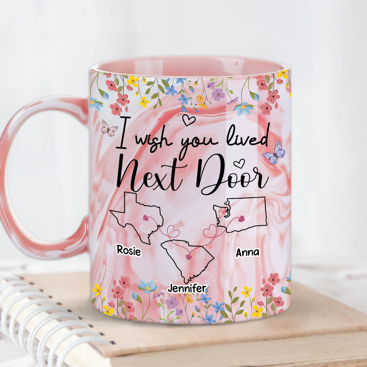 I Wish We Lived Closer Floral Version - Personalized Custom Pink Marble Mug - Image 3