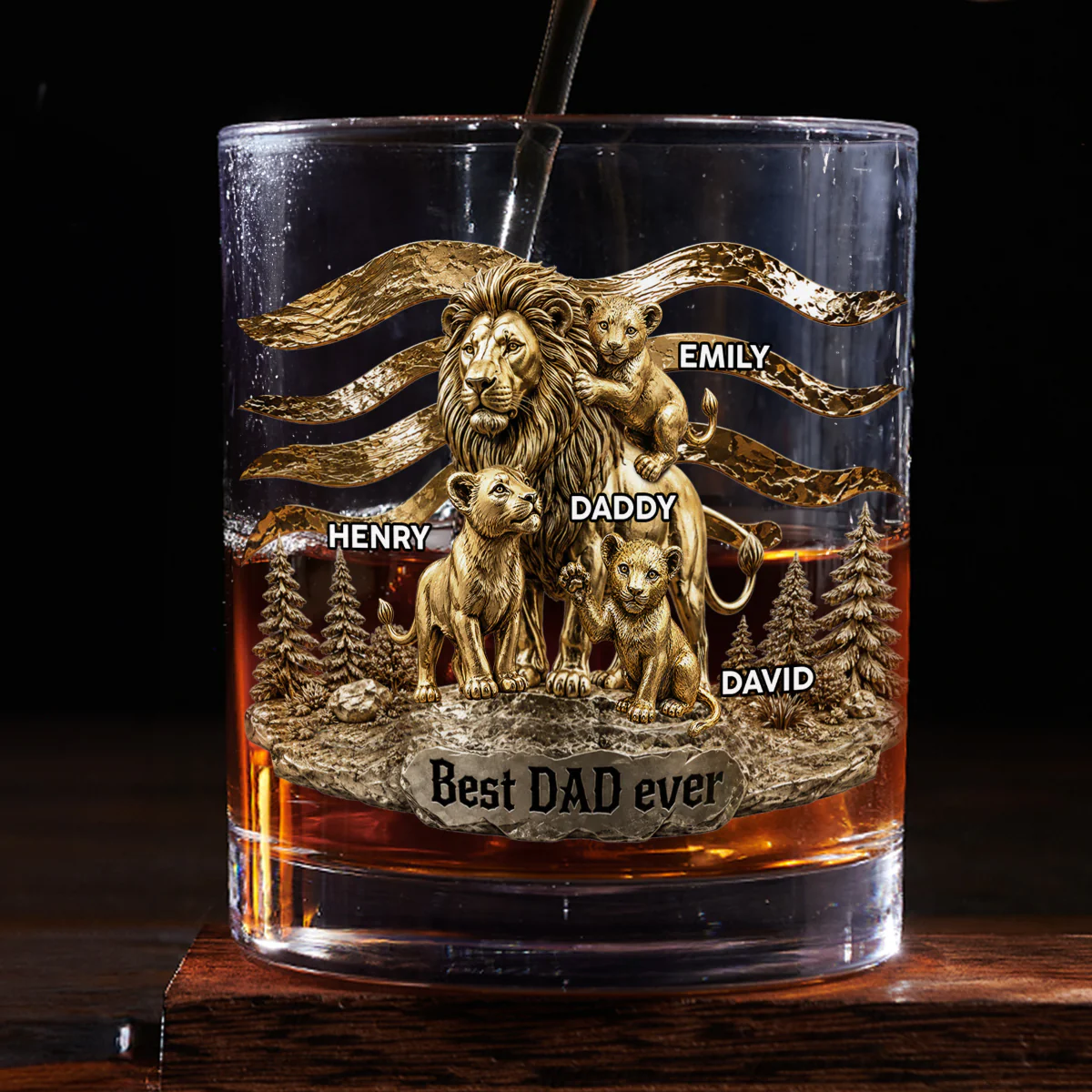Lion Dad And Kids - Personalized Custom Whiskey Glass - Image 3