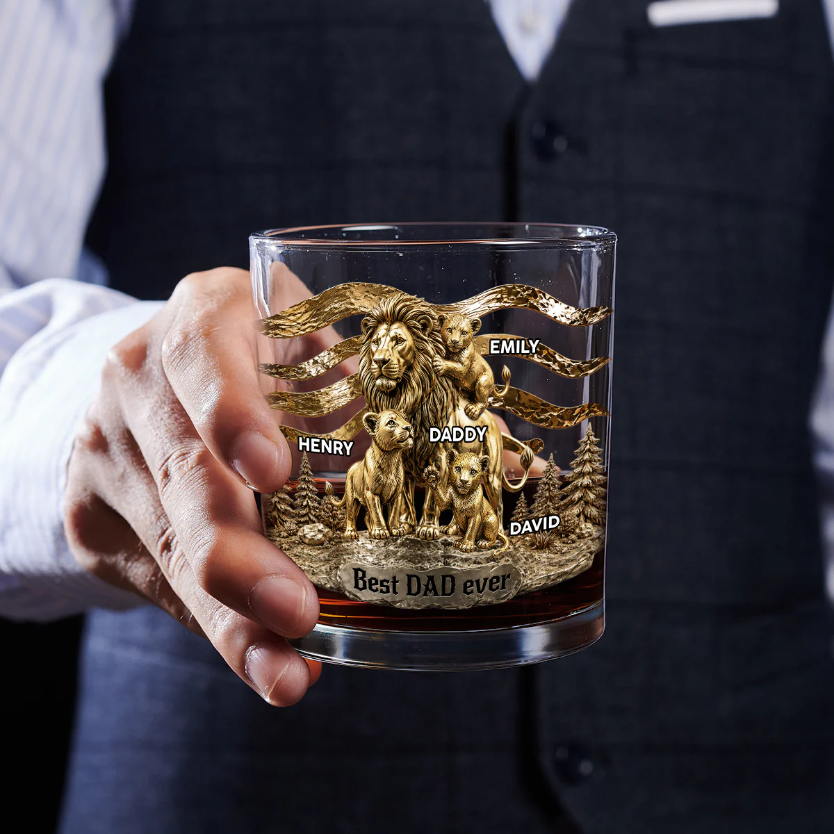 Lion Dad And Kids - Personalized Custom Whiskey Glass - Image 5