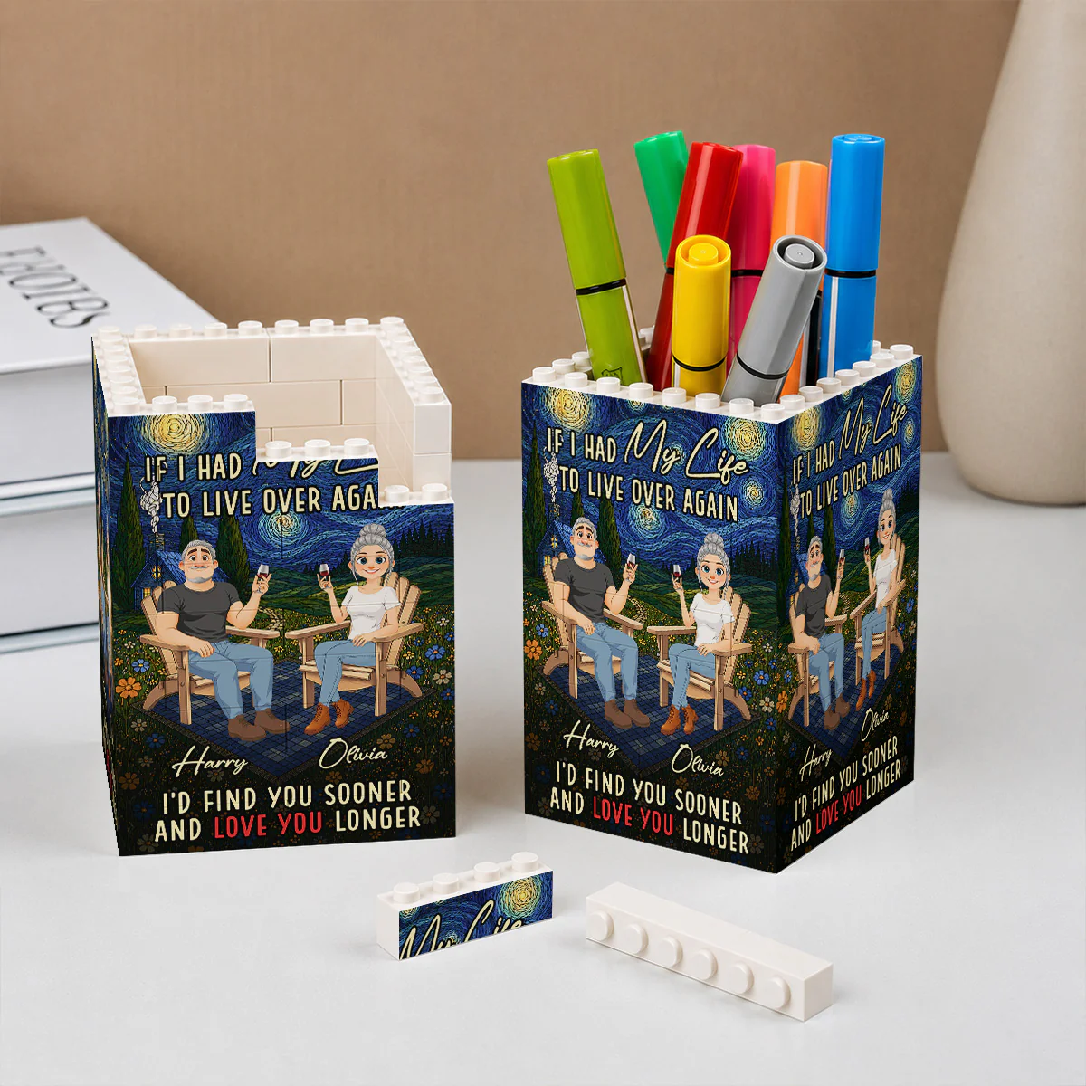 Love You Longer - Personalized Custom Block Pen Holder - Image 2