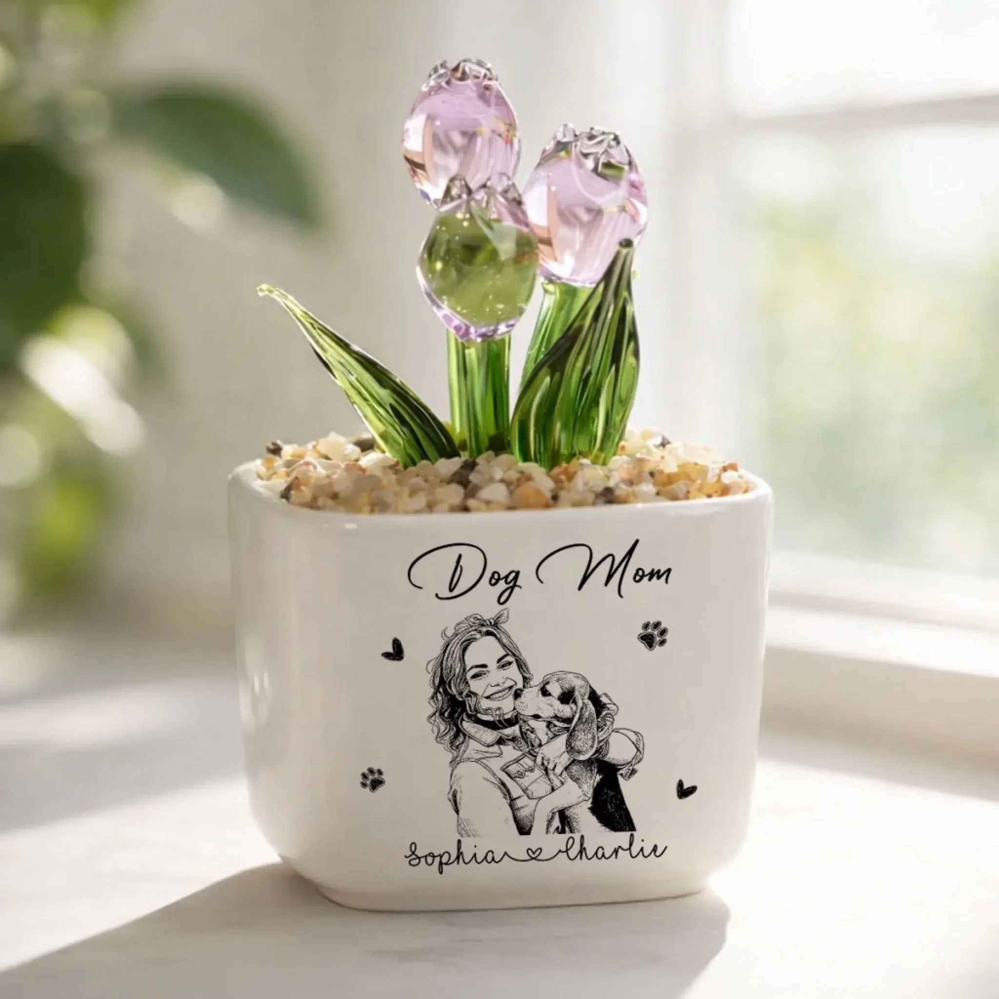 Lovely Dog Mom Life - Personalized Custom Glass Everlasting Tulips - Image 2