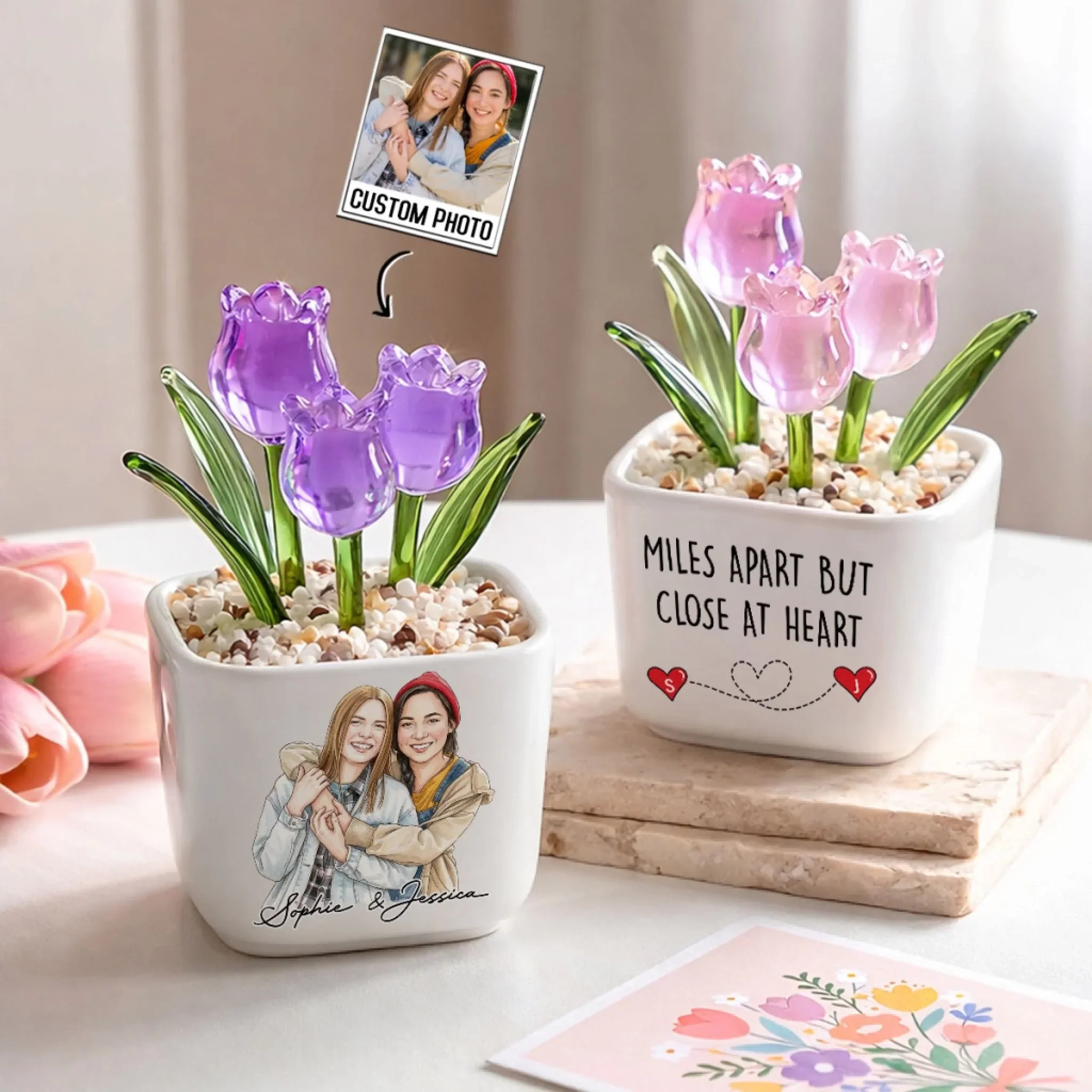 Miles Apart Close At Heart - Personalized Custom Glass Everlasting Tulips