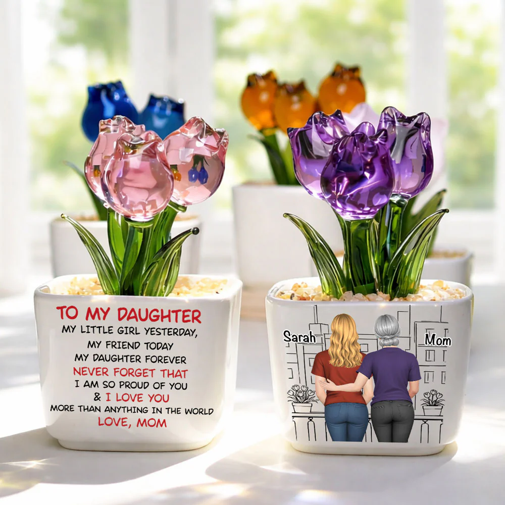 Mom And Daughter Forever Back View - Personalized Custom Glass Everlasting Tulips - Image 2