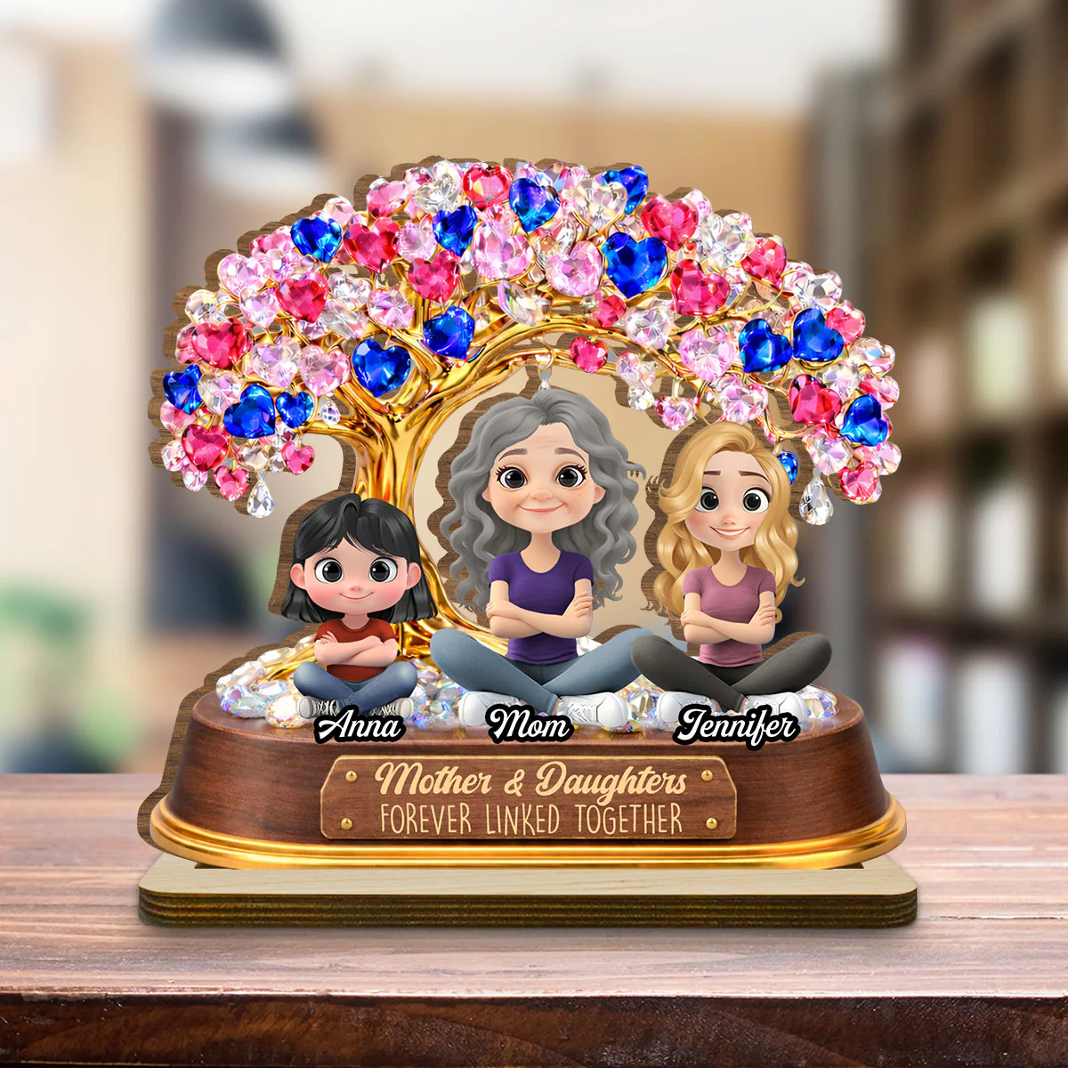 Mom And Daughters Love Tree - Personalized Custom 2-Layer Wood Plaque With Flat Base - Image 4