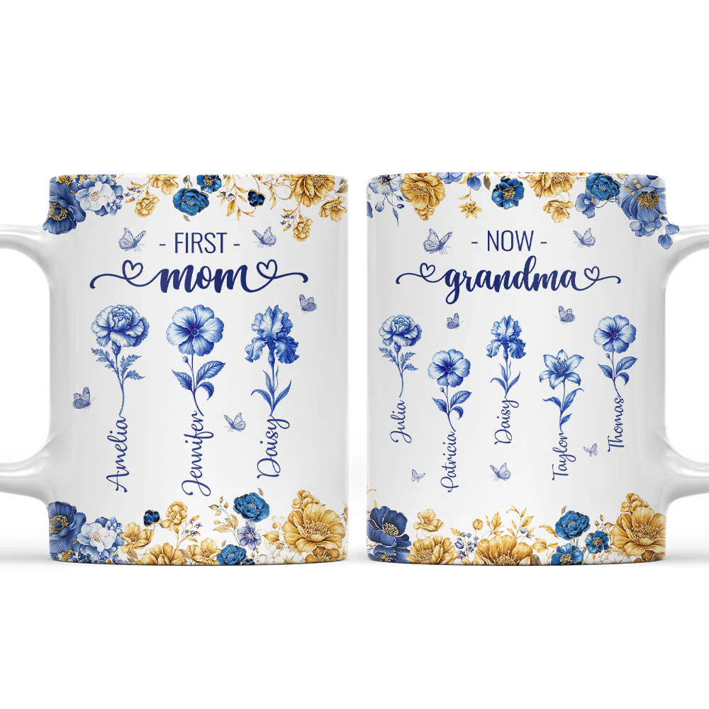 Mom Then Grandma Now Blue Toile - Personalized Custom Coffee Mug