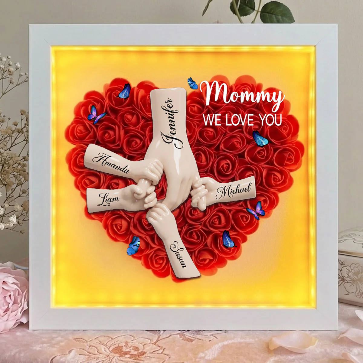Mommy We Love You - Personalized Custom Flower Shadow Box With LED Light