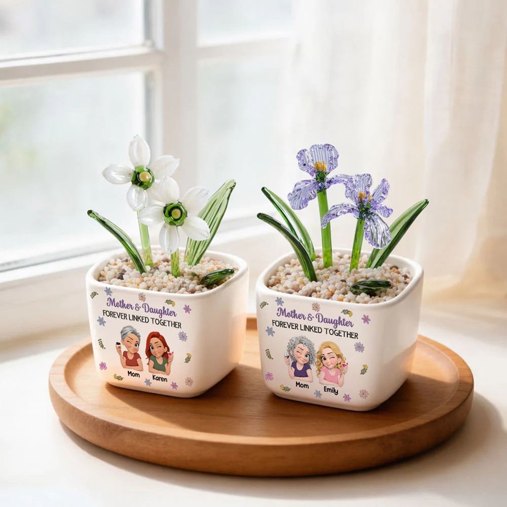 Mother And Daughter Linked Together Cartoon - Personalized Custom Glass Birth Month Flower - Image 2