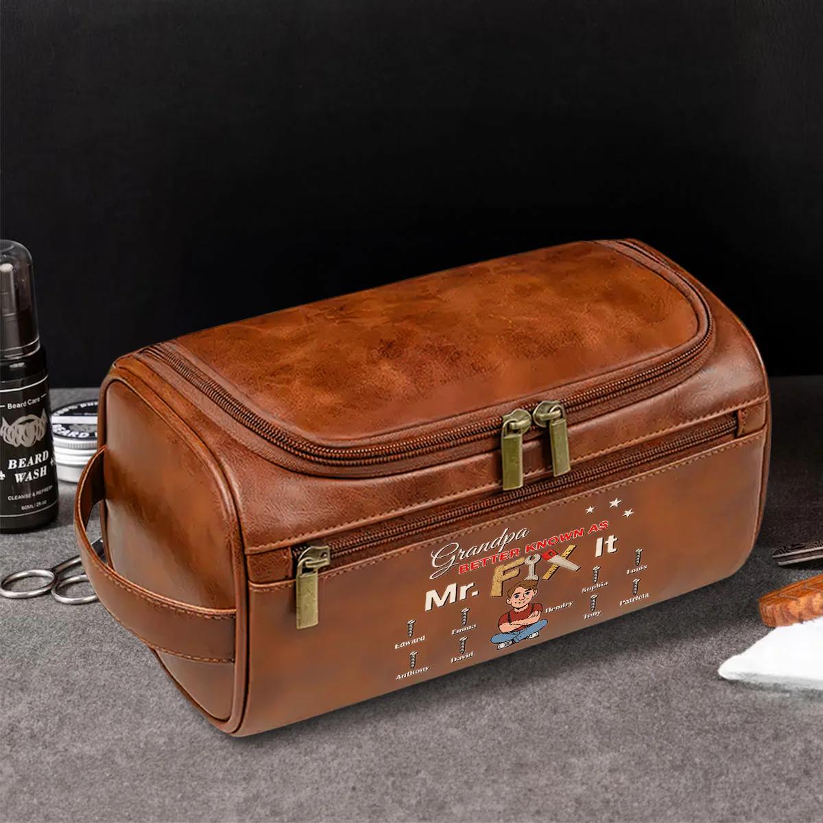 Mr Fix It - Personalized Custom Leather Toiletry Bag - Image 4