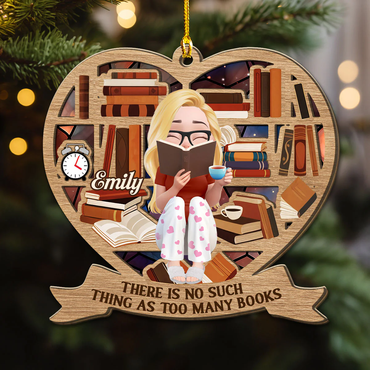 My Heart Belongs To Books - Personalized Custom 3D Effect Wood Ornament - Image 2