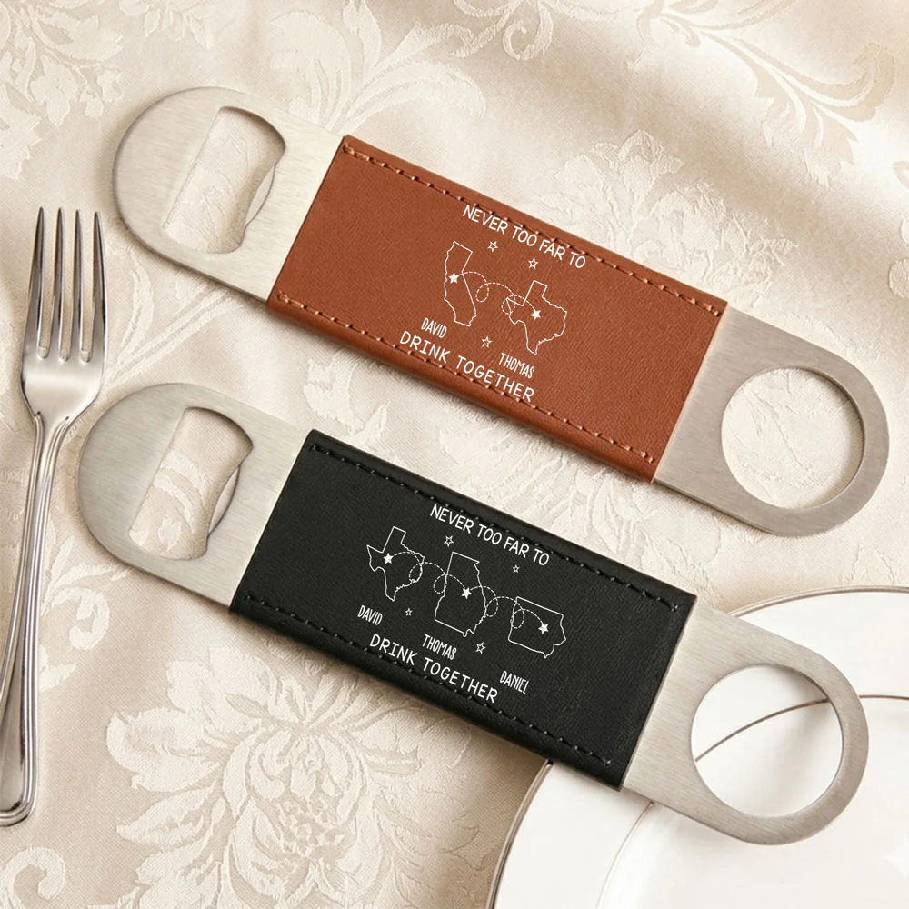 Never Too Far To Drink Together - Personalized Custom Leather Bottle Opener - Image 4